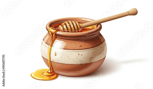 Rustic Honey Pot with Wooden Dipper and Golden Honey Vector Illustration