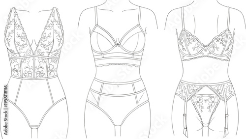 Fashion design sketch of lingerie sets on mannequins featuring bodysuit, bra with panties, and three-piece ensemble with garter belt, lace embroidery garment illustrationv