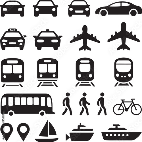 Transportation and Urban Travel Silhouette Icon Set