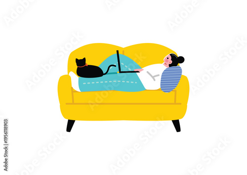ソファーでまったり仕事をする女性のイラスト