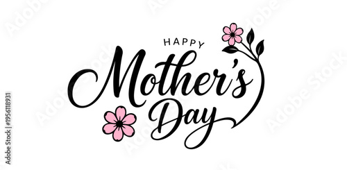 Happy Mother's Day Logo Design with Pink Floral Elements and Script Calligraphy, for Mother's Day greeting cards, social media banners, stickers, and commercial seasonal identity projects.