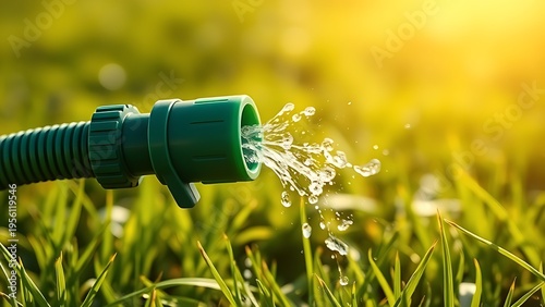constriction. Green garden hose kinked, spraying water on sunlit grass. event key visuals, club posters, designed for sports event promotions and stadium branding and fitness apps and gym onboarding.