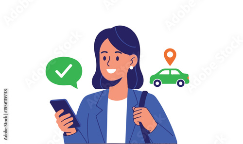 Woman using a ride sharing app on her smartphone with a green car and location pin