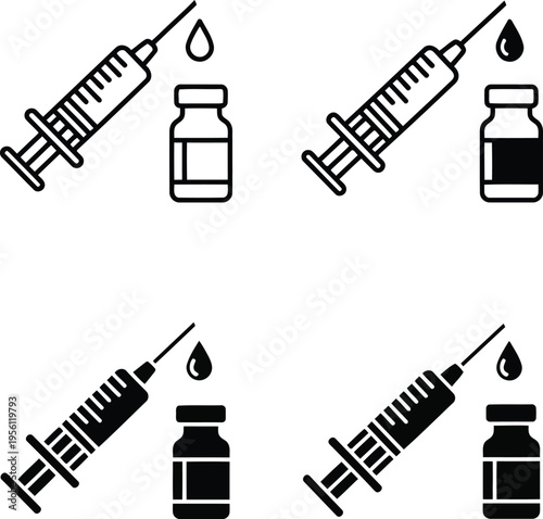 Set of Syringe and Vaccine Vial Icons for Medical Vaccination and Injection Concepts