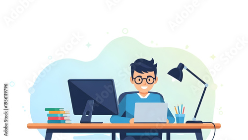 Freelancer Developer Working on Laptop and Computer at Desk SVG Transparent Background for Remote Work Concept