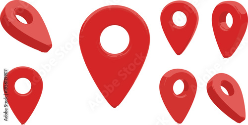 Set of red location map pins in different angles, navigation markers for GPS and travel isolated vector illustration design