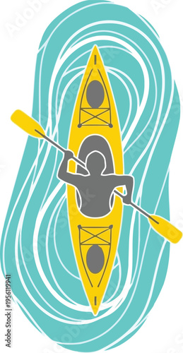 Kayaking Icon with Person Paddling in Yellow Kayak Top View Vector Illustration