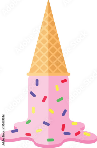 Upside Down Melting Strawberry Ice Cream Cone with Colorful Sprinkles Vector Illustration