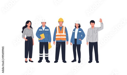 Diverse group of workers in various uniforms and safety gear standing together