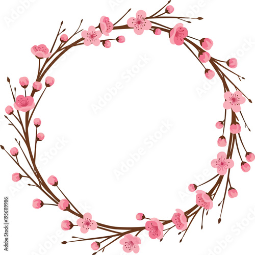 Cherry Blossom Wreath Frame Illustration with Pink Sakura Flowers on White Background