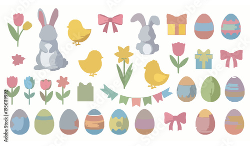 Flat Easter Elements Vector Collection – Spring Animals, Flowers, Decorations