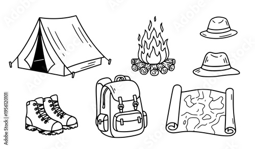 Camping and Hiking Hand Drawn Vector Set – Tent, Campfire, Outfit, Map