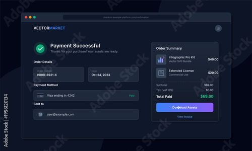 Dark Mode Payment Confirmation and Download UI