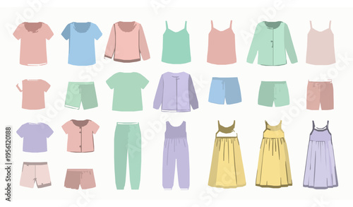 Flat Girls Sleepwear Vector Collection – Pajamas, Nightgowns, Kids Bed Clothes