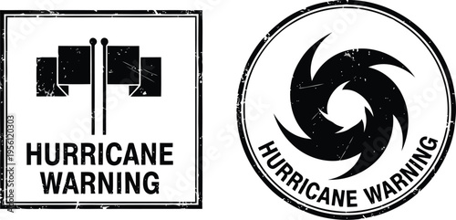 Hurricane Warning Rubber Stamp Icons with Weather Flags and Storm Symbols
