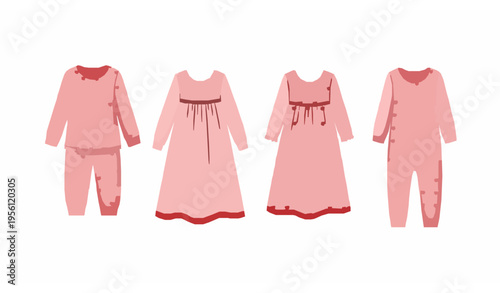 Red Heart Girls Sleepwear Vector Set – Pajama, Nightgown, Sleep Suit Illustration