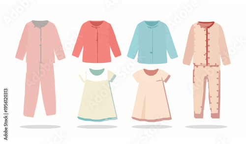 Flat Girls Sleepwear Collection Vector – Pajamas, Nightgown, Sleep Suit Red Hearts