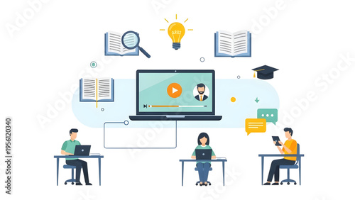 Online Education and E-Learning Concept with Students Using Laptop SVG Transparent Background for Digital Study