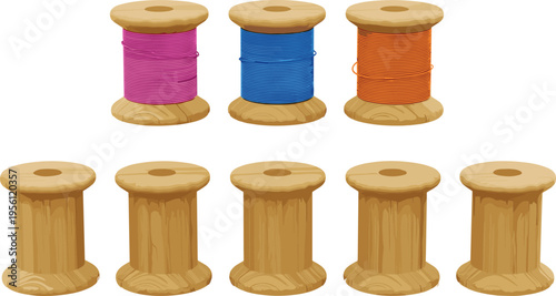 Set of wooden thread spools with colorful sewing threads, realistic textile equipment isolated vector illustration collection design