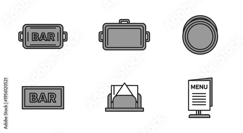 Various bar and restaurant related items in a simple, grayscale illustration.