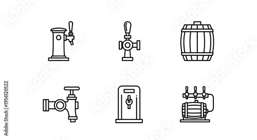 Set of beer tap icons and a wooden barrel for brewery design.