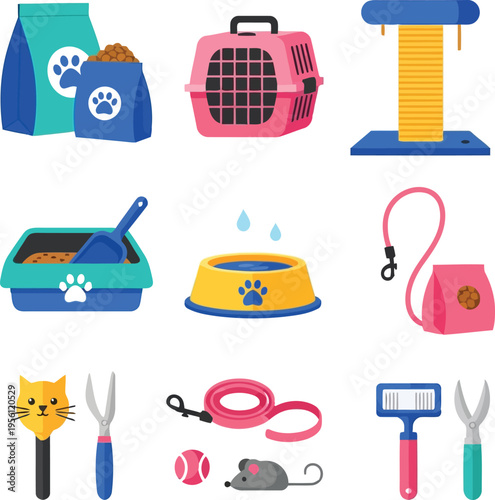 Set of Essential Pet Care Accessories and Cat Supplies Vector Illustration