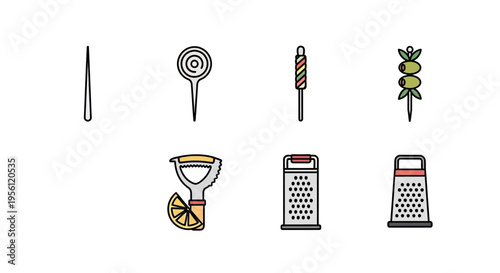 Collection of bar tools and garnishes for cocktails, isolated on white background.