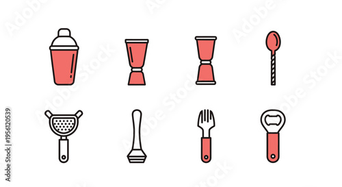 Collection of vector illustrations of bar tools and equipment for making cocktails.