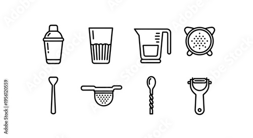 Collection of vector cocktail bar tools and equipment in outline style.