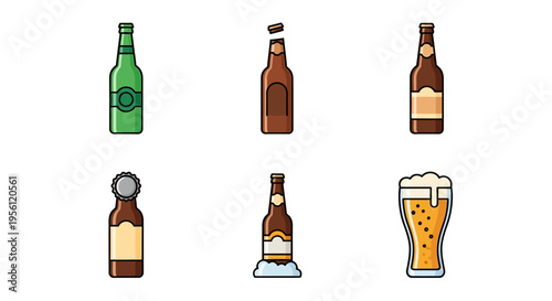 Collection of various beer bottles and a pint glass with frothy ale, vector illustration.