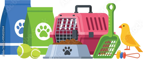 Pet Care Supplies and Accessories Collection with Food Bags and Travel Carrier