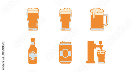 Various beer glasses and containers in orange color on white background.