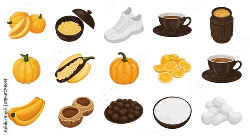 Various food items including pumpkins, tea, and other ingredients arranged on a white background.