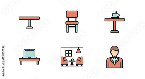 Set of vector icons depicting cafe and restaurant elements and people.