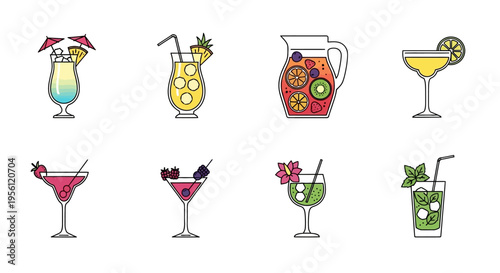 Colorful vector illustration of various refreshing cocktail drinks with garnishes.