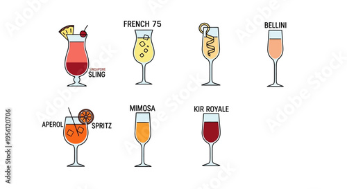 Illustration of various popular cocktail drinks with their names on a white background.