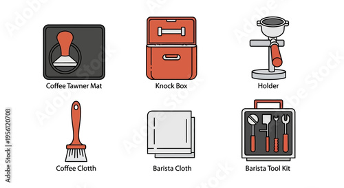 Coffee shop barista tools and equipment icons set with labels.