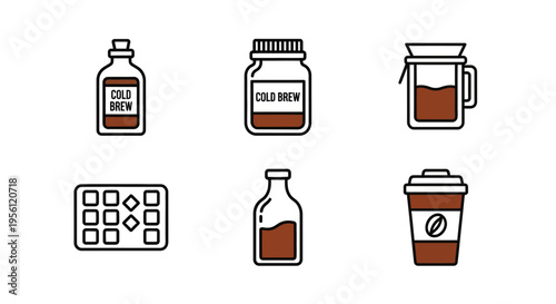 Collection of cold brew coffee icons in various containers and styles.