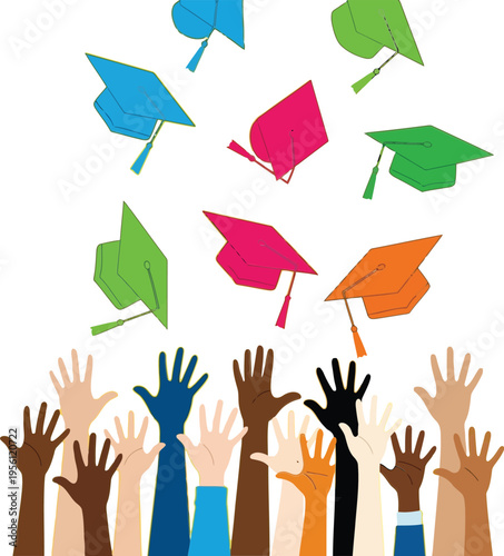 Diverse Hands Throwing Colorful Graduation Caps Celebrating Academic Success and Achievement