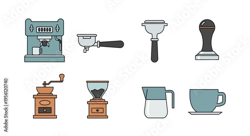 Coffee machine and accessories vector illustration set for cafe and restaurant.