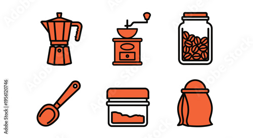 Coffee-themed vector illustration featuring a coffee maker, grinder, and beans.