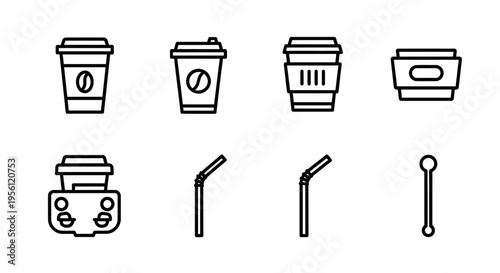 Set of coffee cups, straws, and stirrers in a simple line art style.
