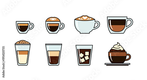 Various types of coffee drinks in cups and glasses with different styles.
