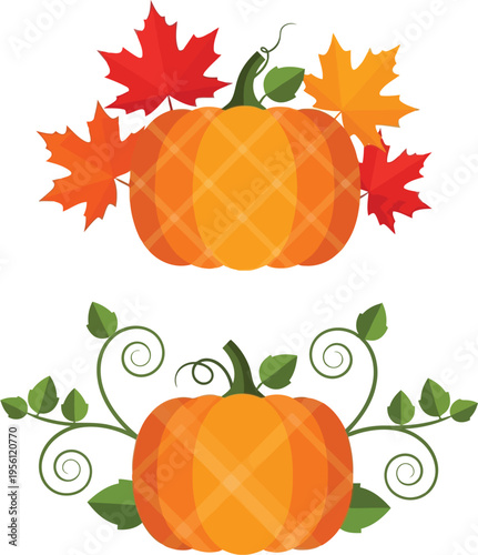 Autumn Pumpkin Icons Set with Fall Maple Leaves and Decorative Vines for Thanksgiving Design