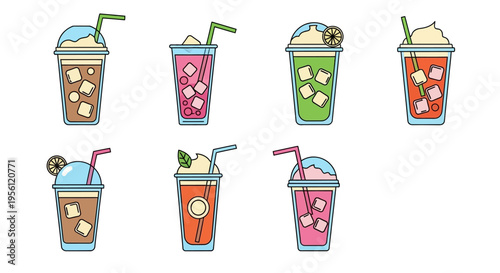 Colorful iced drinks with straws and whipped cream in a vector illustration.