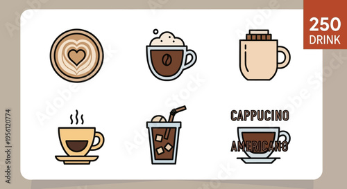 Collection of six different coffee drinks in colorful flat design style.