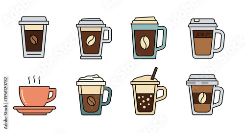 Collection of various coffee cups and mugs with different designs and flavors.