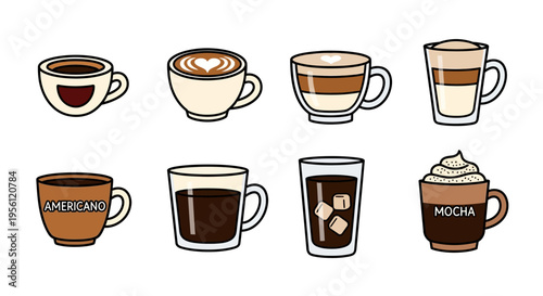 Collection of various coffee drinks in cups and glasses, vector illustration.
