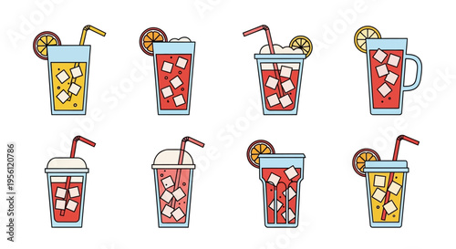 Colorful vector illustration of various refreshing summer drinks with ice and fruit slices.