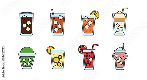 Colorful and refreshing cocktail drinks with ice cubes in various glasses.
